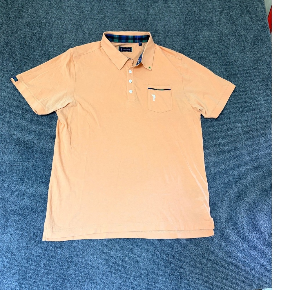 William Murray Mens Golf Polo Shirt Orange Plaid Trim Pocket Logo Large Cotton